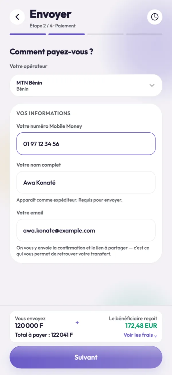 Choix de l'opérateur Mobile Money pour payer l'envoi